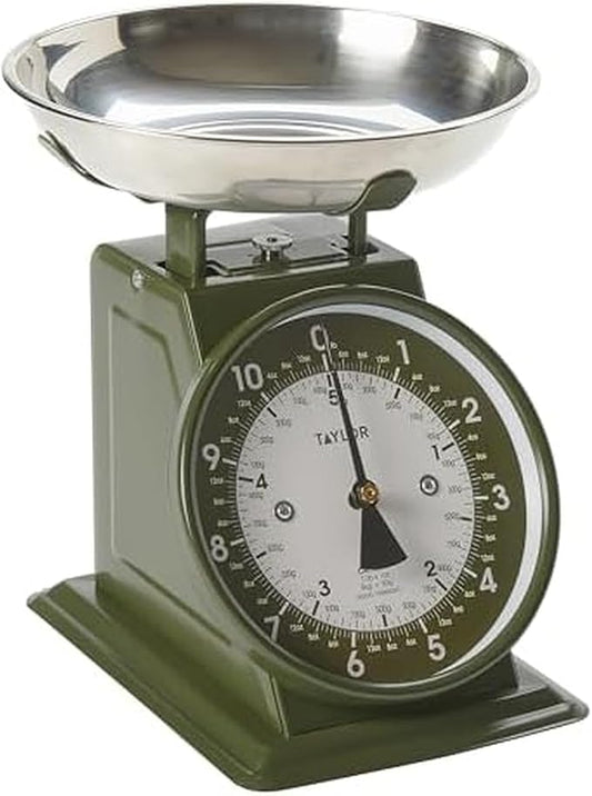 Taylor Analog Kitchen Scale, Stainless Steel Mechanical Food Scale with Removable Bowl, 11 lb Capacity, Large 5-Inch Dial, Battery-Free Design for Baking and Meal Prep