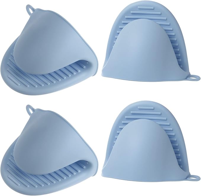HARFINGTON 4pcs Thickened Mini Oven Gloves, Heat Resistant Silicone Oven Mitts Finger Pinch Grips Pot Holder for Kitchen, Cooking, Baking, BBQ Heat Resistant Gloves, Light Blue