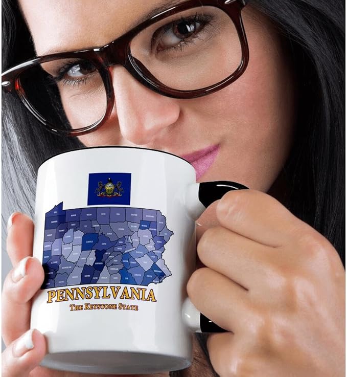 3dRose mug_212838_4 Map, Flag and nickname of Pennsylvania, counties colored and labeled - Two Tone Black Mug, 11oz