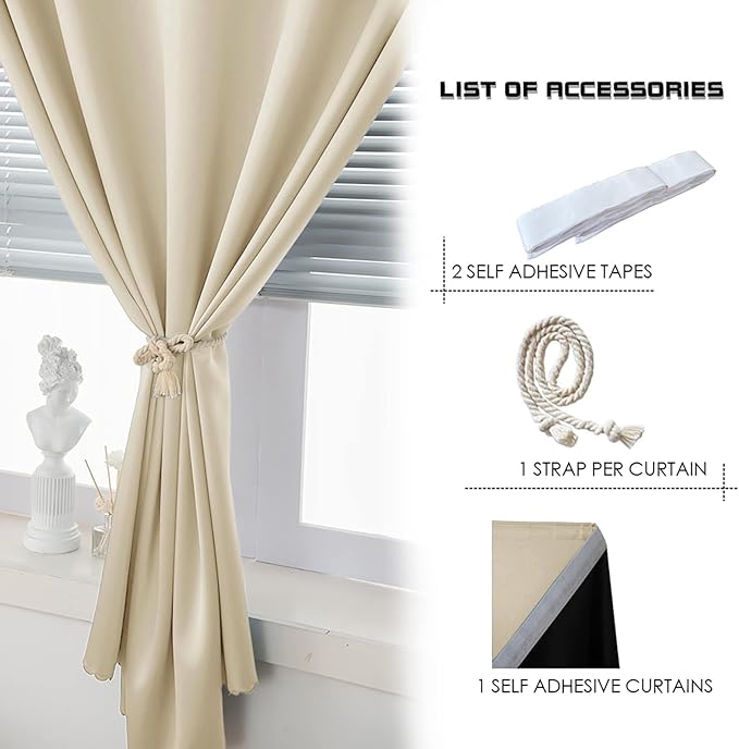 AJAZZ 100% Blackout Curtains for Bedroom Self Adhesive Curtains Temporary Curtain Easy to Install Used for Boho Curtains Window Curtain (Beige, 59" W x 72" L) 1 Panel