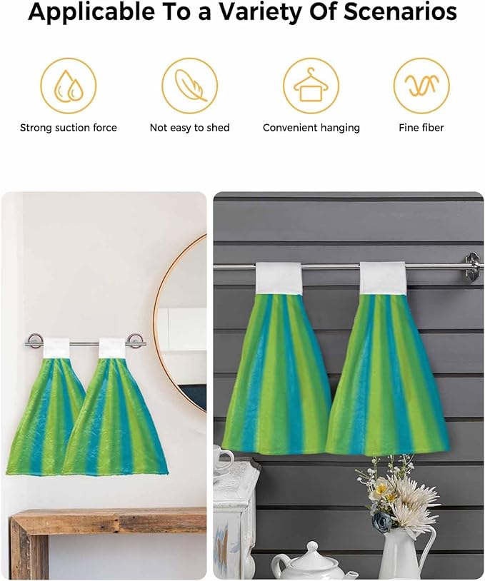 Alandar Home Kitchen Tie Towel Set of 2, Green Blue Vertical Stripes Absorbent Soft Hand Towels for Bathroom Hanging Towels, Gradient Stripes Seamless Fast Drying Cleaning Cloth with Loop