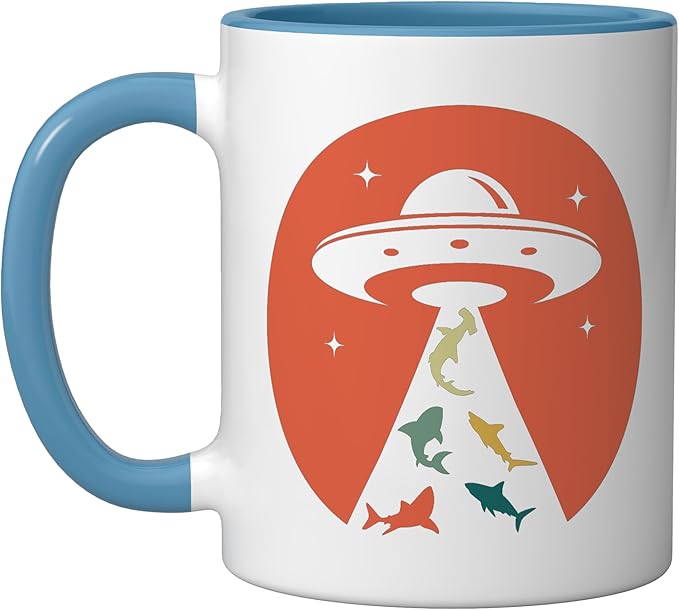 Funny UFO shark lover humor UFO lover flying saucer Ceramic Mug, Blue/White