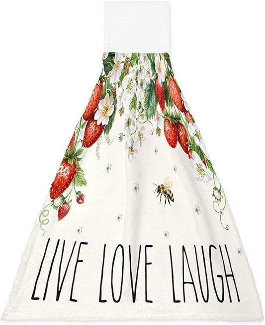 Alandar Home Kitchen Tie Towel Set of 1, Watercolor Rustic Strawberry Flower Bee Absorbent Soft Hand Towels for Bathroom Hanging Towels, Farmhouse Landscape Fast Drying Cleaning Cloth with Loop
