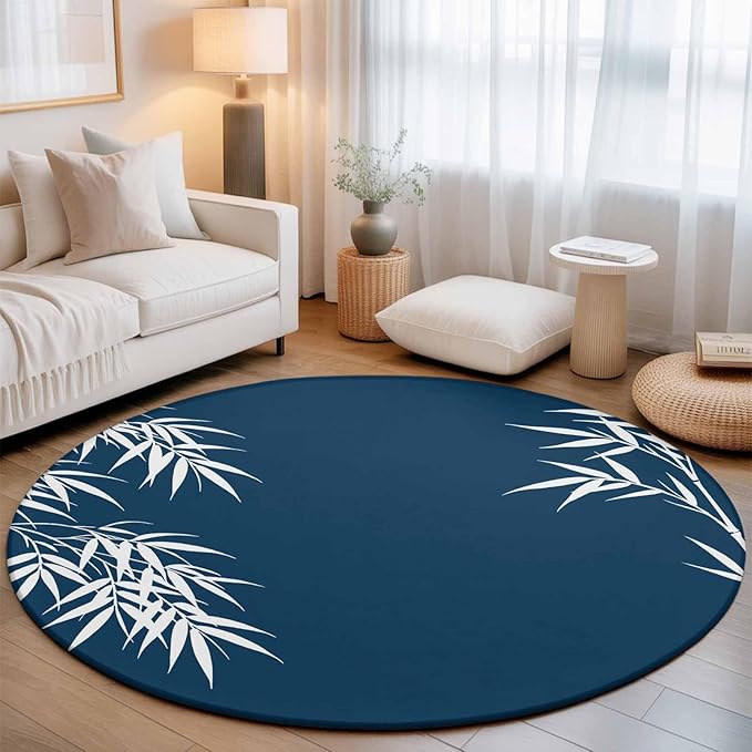 Washable Round Area Rug Country Leaf on Dark Blue Circle Rugs Floor Carpet for Living Room Bedroom, Botanical Silhouette Minimalist Style Soft Non Slip Round Rug 5ft