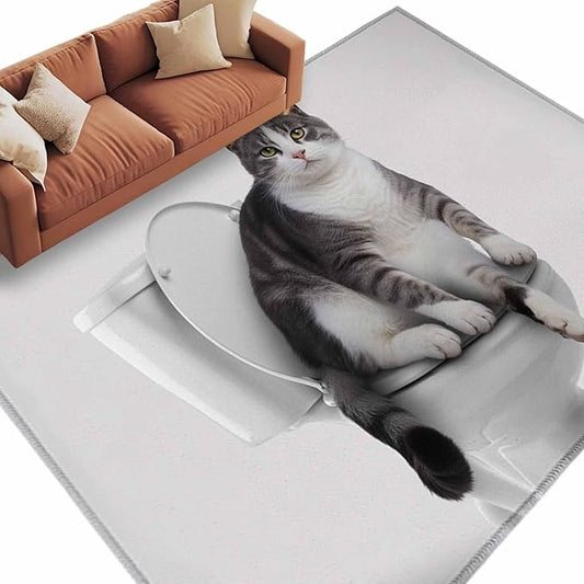 Area Rug 6x9ft, Cute Funny Cat on The Toilet Washable Rugs for Living Room Bedroom, Animal Grey Art Soft Non-Slip Area Rugs Rectangle Floor Carpet for Dining Room