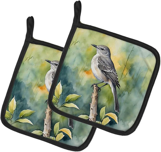 Caroline's Treasures Florida Northern Mockingbird Pair of Pot Holders Kitchen Heat Resistant Pot Holders Sets Oven Hot Pads for Cooking Baking BBQ, 7 1/2 x 7 1/2