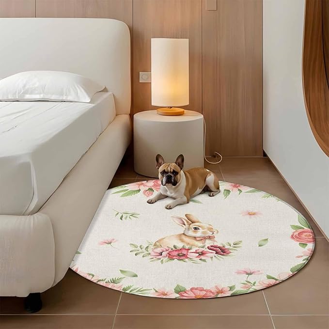 Washable Round Area Rug Retro Easter Rabbit on Linen Circle Rugs Floor Carpet for Living Room Bedroom, Spring Pastoral Pink Flower Leaf Soft Non Slip Round Rug 5ft