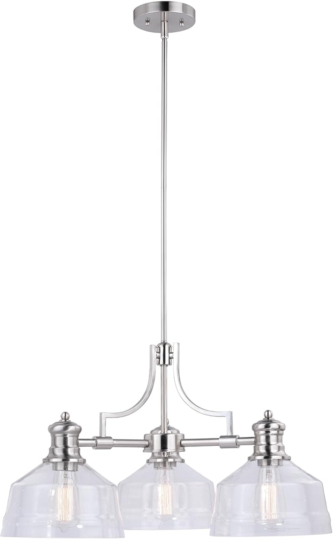 VAXCEL Beloit 3 Light Satin Nickel Farmhouse Chandelier Clear Glass
