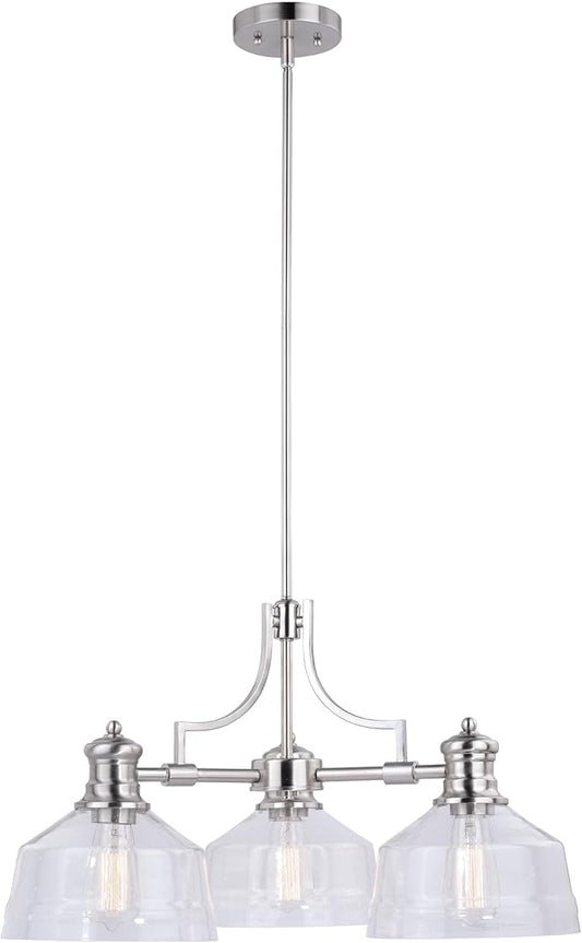 VAXCEL Beloit 3 Light Satin Nickel Farmhouse Chandelier Clear Glass