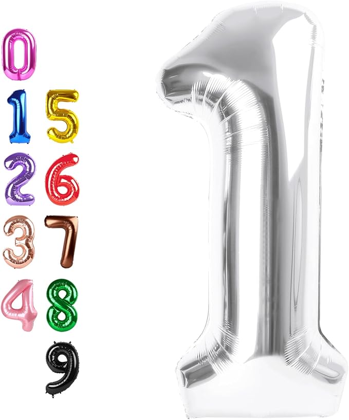 Balloons Number One for First Birthday, Balloon Numbers 40 Inch, Silver for Baby Shower, Big Baloon for 1 11 12 13 16 18 21 Birthday Wedding Anniversaries Party