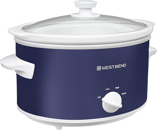 West Bend Slow Cooker 4-Quart Manual Crockery Style with Dishwasher Safe Oval Ceramic Crockpot and Glass Lid Two Temperature Settings Plus Keep Warm, 210-Watts, Navy