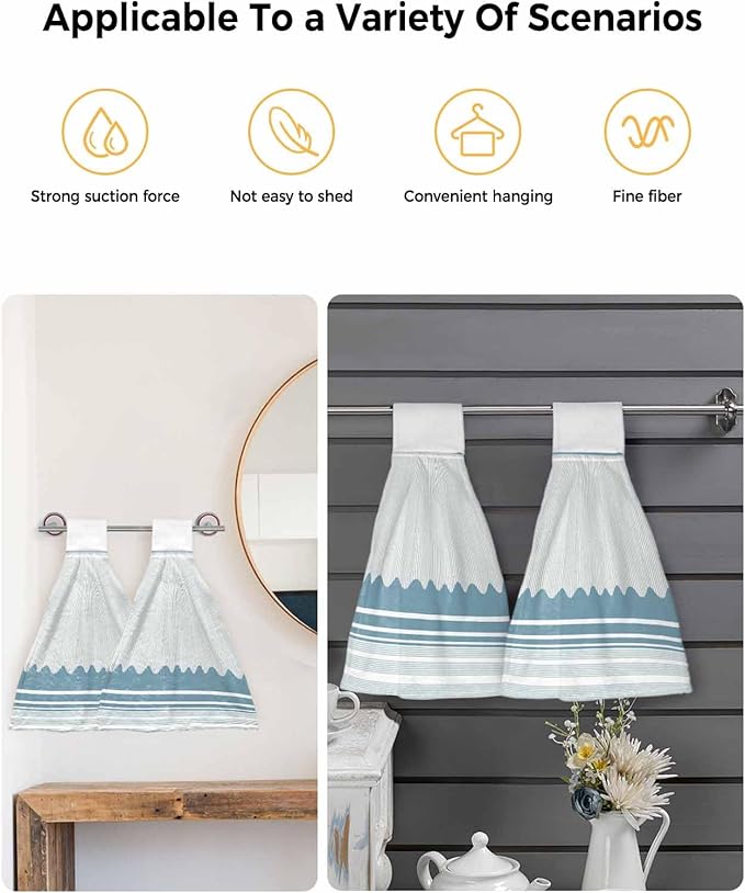 Alandar Home Kitchen Tie Towel Set of 1, Watercolor Blue Waves Stripe Absorbent Soft Hand Towels for Bathroom Hanging Towels, Modern Abstract Lines Fast Drying Cleaning Cloth with Loop