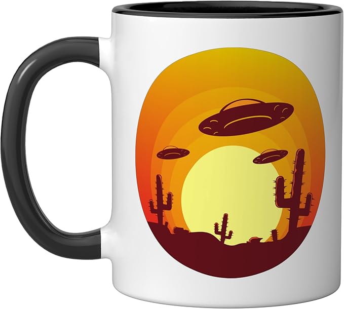UFO Alien Abduction Conspiracy Vintage Nevada Desert Sunset Ceramic Mug, Black/White