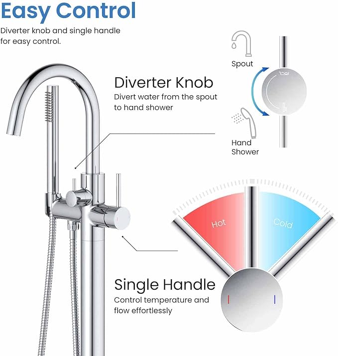 KIBI Circular Floor Mount Bathtub Faucet with Hand Shower | Single Handle Freestanding Tub Filler | Modern Bath Faucet for Tub and Shower | Chrome Finish, KTF301