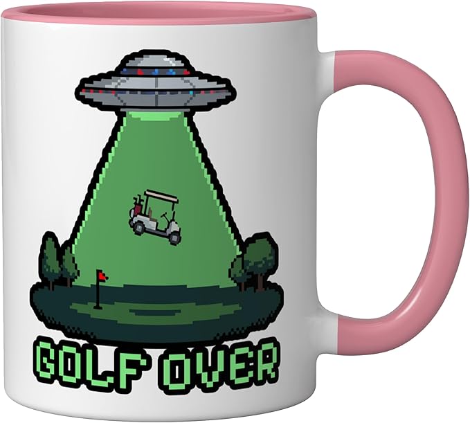 Retro Funny GOLF OVER Pixel Art UFO Abducting Golf-Cart Ceramic Mug, Pink/White