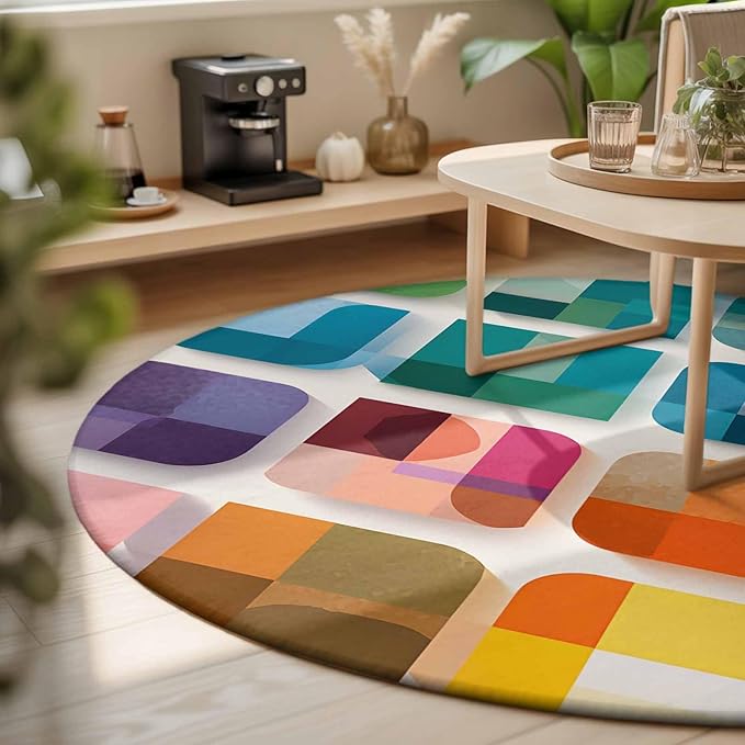 Washable Round Area Rug Modern Geometric Squares Circle Rugs Floor Carpet for Living Room Bedroom, Colorful Abstract Art Soft Non Slip Round Rug 3ft