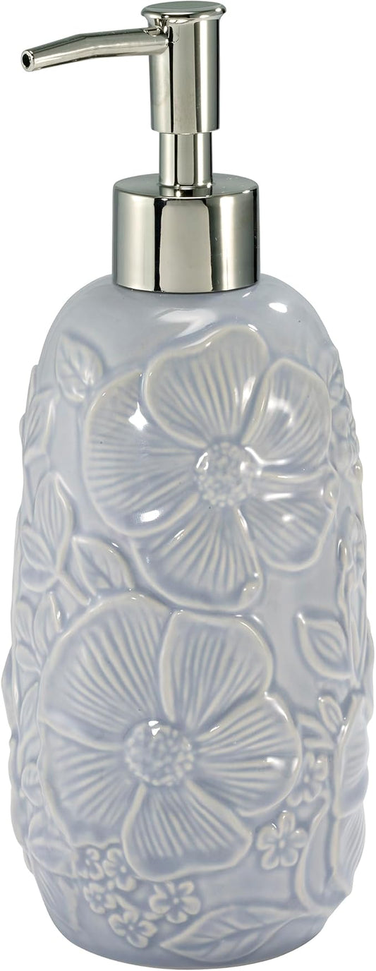 Nicole Miller – Lotion Pump, Durable Ceramic with Floral Detail & Silver-Tone Pump, Soap or Lotion Dispenser for Bathroom, Kitchen or Vanity (Camille)
