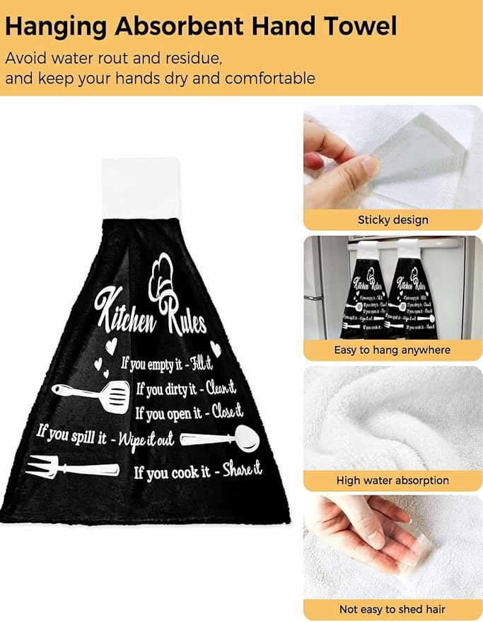 Alandar Home Kitchen Tie Towel Set of 1, Kitchen Rules Black and White Absorbent Soft Hand Towels for Bathroom Hanging Towels, Kitchens Utensils Appliances Fast Drying Cleaning Cloth with Loop