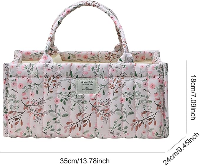 Quilted Fabric Storage Basket Floral Baby Diaper Caddy Quilted Basket Organizer for Newborn Nursery Bedroom Car Storage