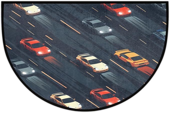 Blue Race Car Half-Round Door Mat | Indoor Entrance Half-Moon Rug | Low-Pile | Area Rug, Non-Slip, Absorbent Semi-Circle Welcome Mats for Kitchen, Patio, and Home Decor | 36x24 Inches