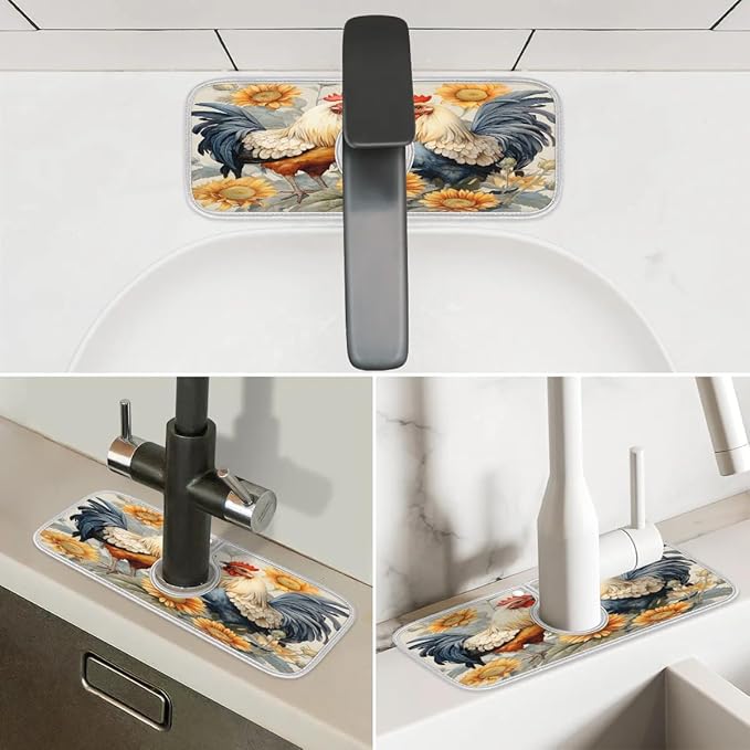 Vintage Country Rooster Sink Mat for Kitchen Faucet Absorbent Microfiber Faucet Mat Washable Sink Water Splash Guard Drip Catcher for Faucet