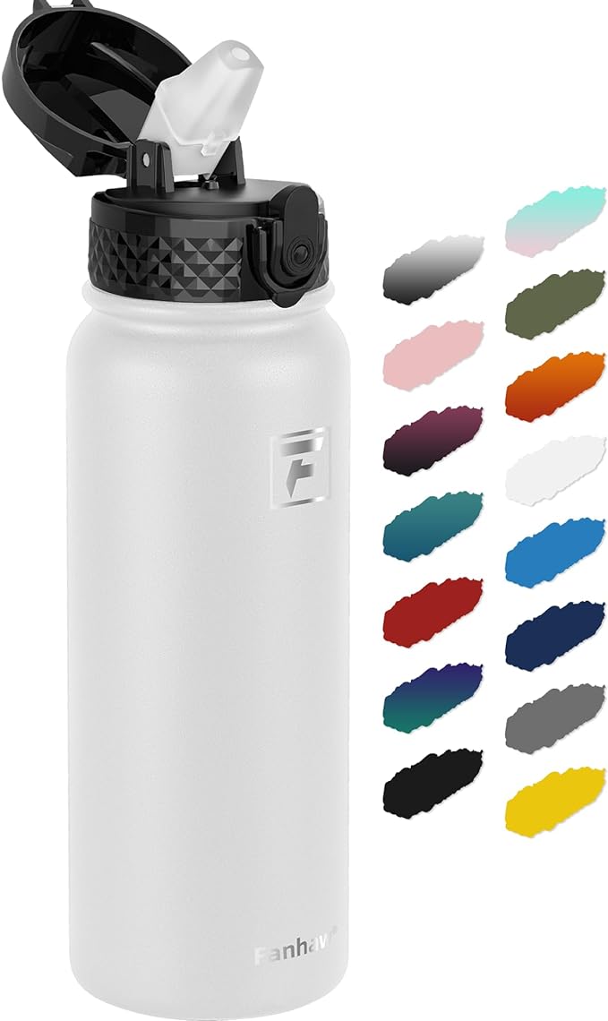 Fanhaw 20 oz Insulated Stainless Steel Water Bottle with Straw Lid, Leakproof & Anti-Dust Sports Bottle for Kids, Women & Men (White)