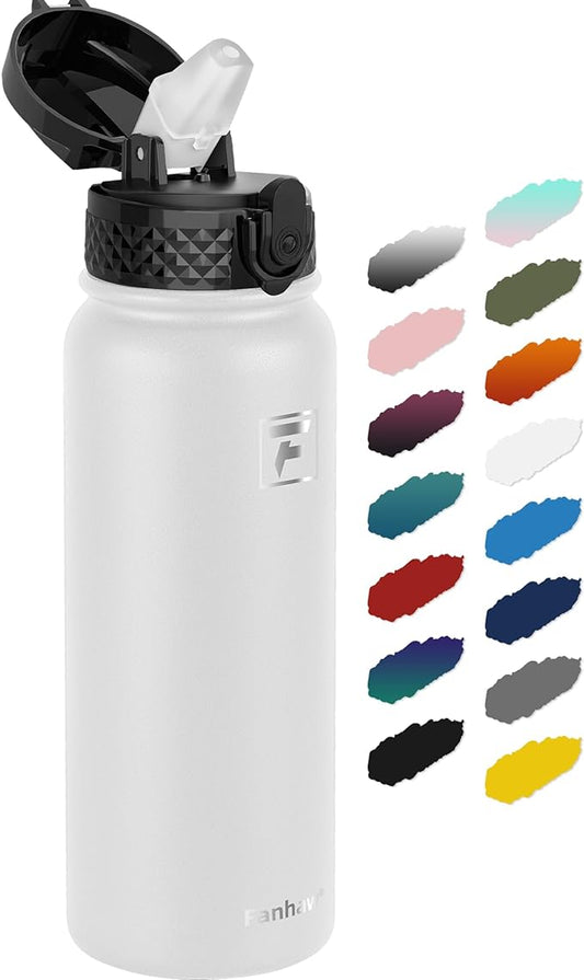 Fanhaw 20 oz Insulated Stainless Steel Water Bottle with Straw Lid, Leakproof & Anti-Dust Sports Bottle for Kids, Women & Men (White)