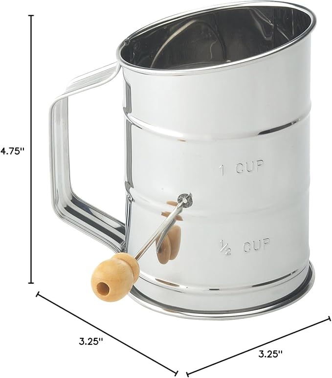 Mrs. Anderson's Baking Hand Crank Flour Sifter, Stainless Steel, 1-Cup Capacity, For Breaking Up Clumps And Aerating Flour And Powdered Sugar