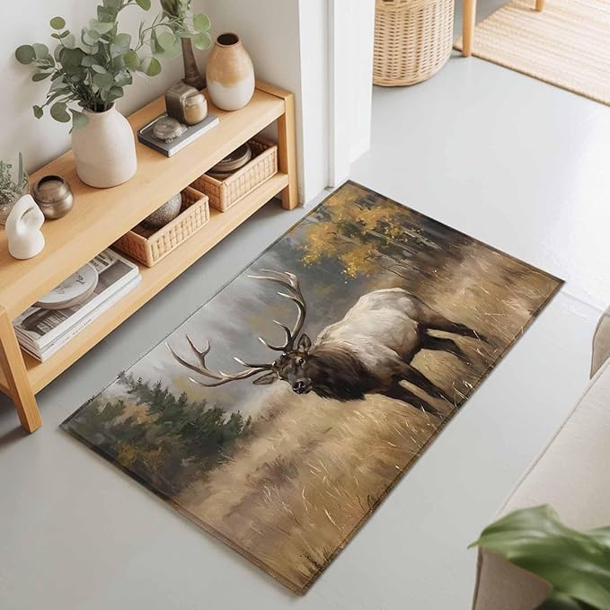 Area Rug 2x3ft, Brown Animals Elk Washable Rugs for Living Room Bedroom, Retro Forest Landscape Soft Non-Slip Area Rugs Rectangle Floor Carpet for Dining Room