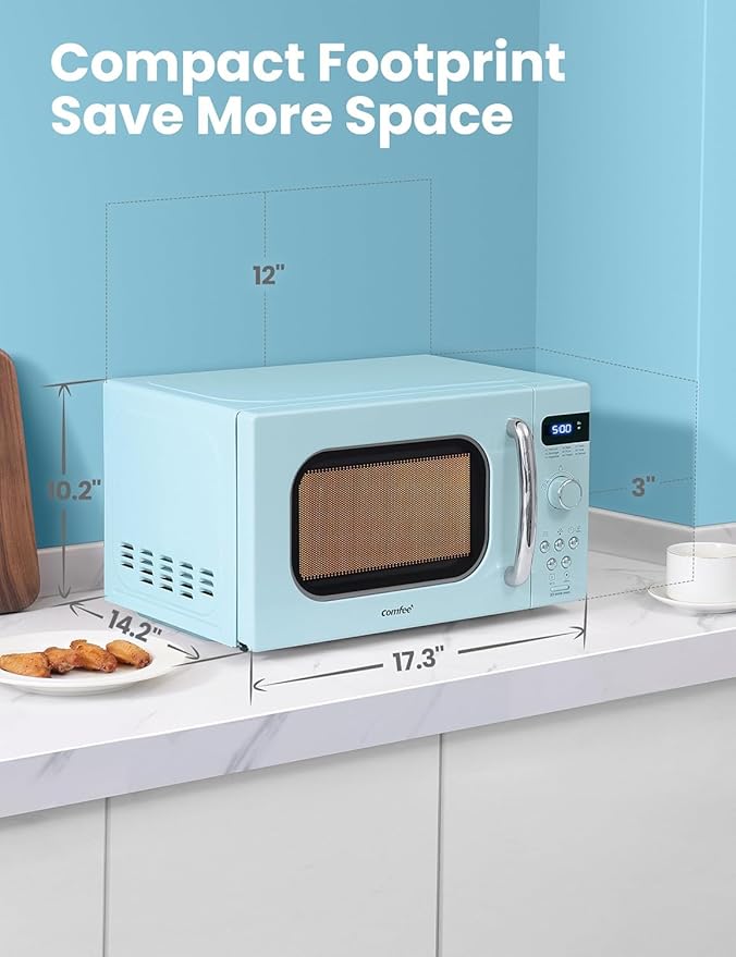 COMFEE' Retro Small Microwave Oven With Compact Size, 9 Preset Menus, Position-Memory Turntable, Mute Function, Countertop Microwave Perfect For Small Spaces, 0.7 Cu Ft/700W, Green, AM720C2RA-G