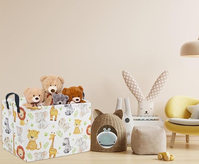 HIYAGON Rectangular Woodland Animal Basket Kids Baby Storage Basket Toy Storage Bin Organizer Box Animal Room Decor(Green Animal)