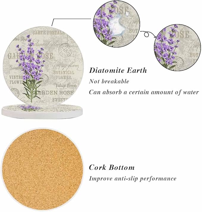 Purple Lavender Coasters for Drinks Coasters for Table Ceramic Absorb Stone Coasters with Coffee Table Cork Base for Home Decor 2 Pcs