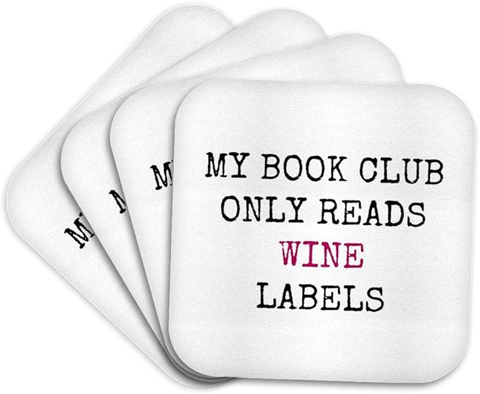 3dRose My Book Club only Reads Wine Labels, Black Letters on White Background Set of 4 Coasters - Soft