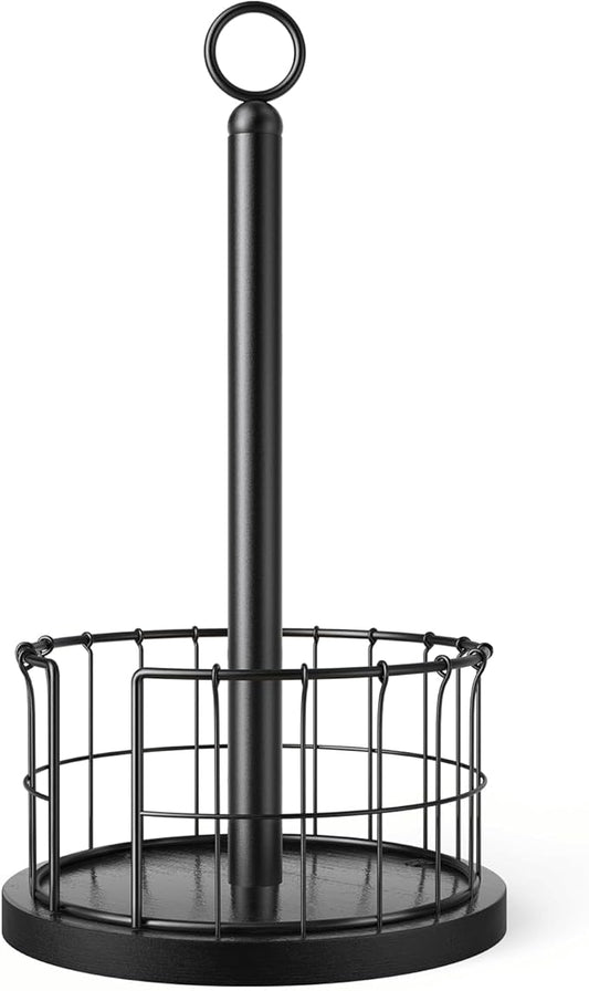 Homode Paper Towel Holder Countertop, Free-Standing Paper Towel Rack with Heavy Duty Wood Base, Industrial Paper Towel Roll Stand for Kitchen Counter, Fits Standard and Jumbo Size Rolls, Black