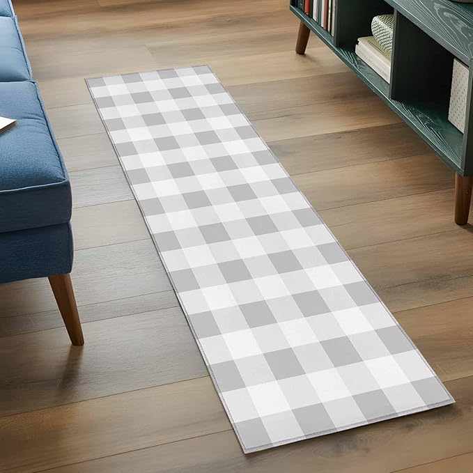 Runner Rug for Bedroom Hallway, Light Grey White Plaid Kitchen Runner Rugs Area Rug 2x6ft, Farmhouse Decoration Buffalo Check Washable Soft Floor Carpet for Entryway Stair