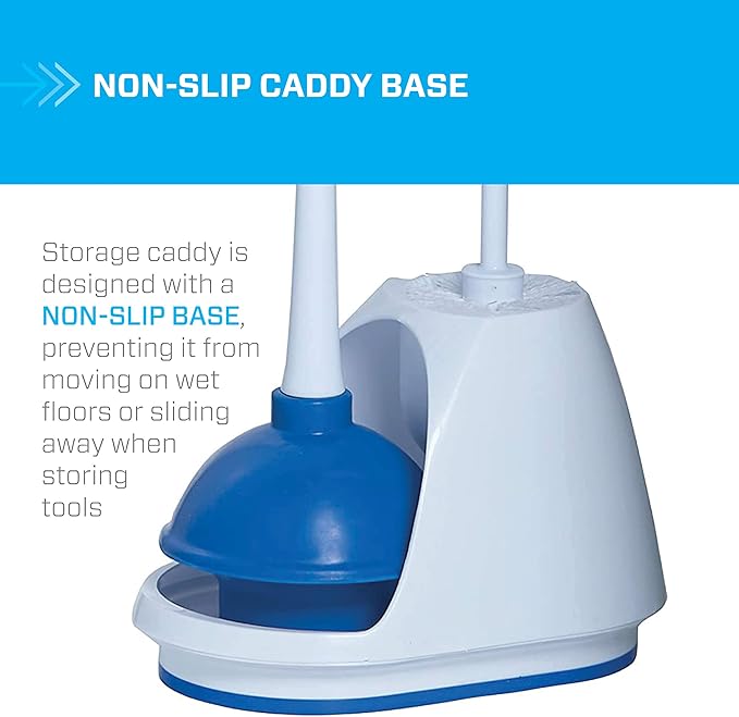 Mr. Clean Toilet Plunger and Bowl Brush Combo with Caddy, 3-Piece Heavy-Duty Plunger, Toilet Brush, and Caddy Set, White/Blue (Pack of 4)