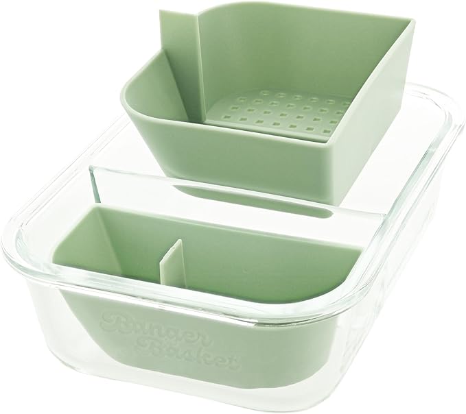 Two Compartment Borosilicate Glass Container Cleaning Tool with Sealable Lid (Forest Green)