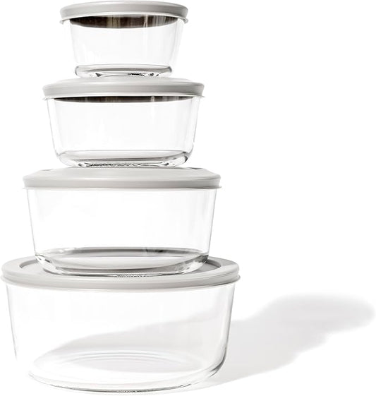 DURA LIVING 8-Piece Glass Food Storage Containers Set (4 Containers + 4 Lids) | Round, Nesting, Microwave & Dishwasher Safe | BPA-Free, Space-Saving | Grey Lids for Pantry & Kitchen Organization