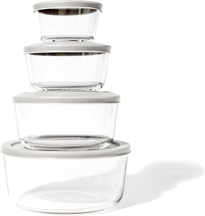 DURA LIVING 16-Piece Glass Food Storage Containers Set (8 Containers + 8 Lids) | Round, Nesting, Microwave & Dishwasher Safe | BPA-Free, Space-Saving | Color Lids for Pantry & Kitchen Organization