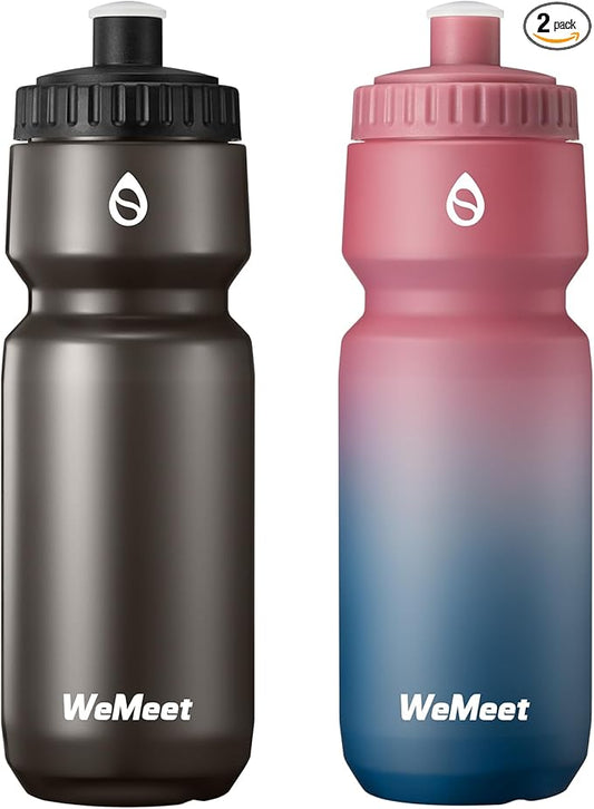 WEMEET Mountain Bike Water Bottle 2-Pack, Sport Squeeze Bottle with Capacity Scale, LeakProof, BPA Free, for Cycling, Gym, Outdoors (Black & Red Blue, 24oz)
