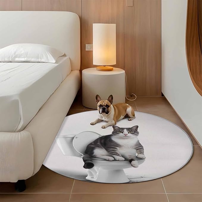 Washable Round Area Rug Cute Funny Cat on The Toilet Circle Rugs Floor Carpet for Living Room Bedroom, Animal Grey Art Soft Non Slip Round Rug 3ft