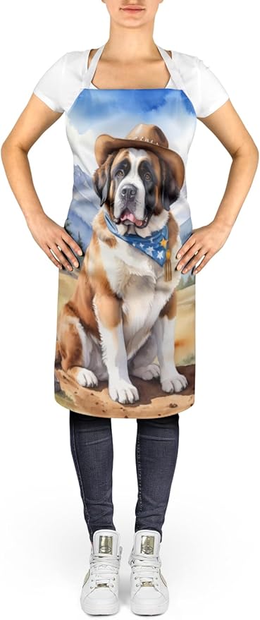 Caroline's Treasures Saint Bernard Cowboy Welcome Apron Cooking Kitchen Server Baking Crafts Gardening for Adult Women Men, Unisex, Large, Multicolor