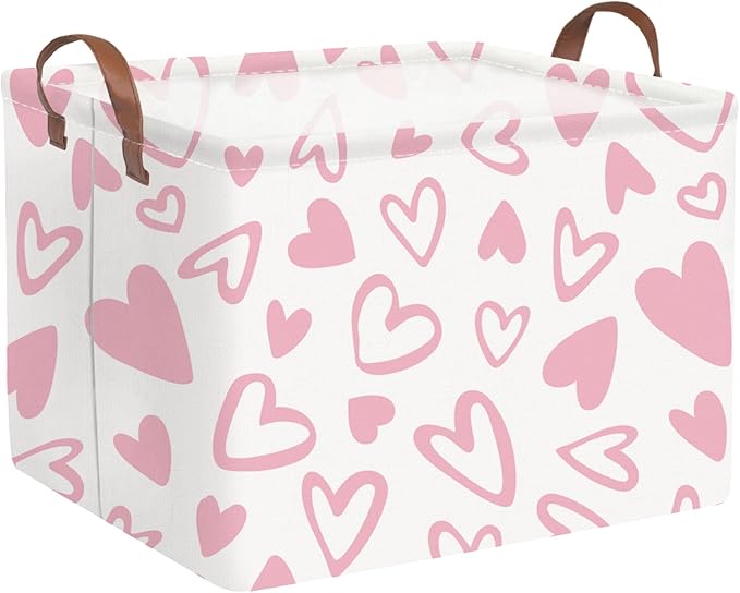 FXOLCSHE Valentines Day Gift Basket Empty,Baby Girl Baskets,Pink Gift basket with Handle Organizer,Bins for Girls Room Decor,Toy Organizer,Valentine's Day home decor(Lovely pink heart)