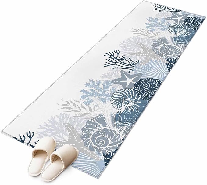 Runner Rug for Bedroom Hallway, Underwater Blue Shells Starfish Coral Kitchen Runner Rugs Area Rug 2x6ft, Summer Botantical Washable Soft Floor Carpet for Entryway Stair