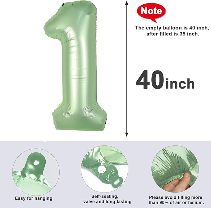Foil Number Balloon 40 Inch, Jumbo Mylar 1 Balloons for Girl Boy 1st 1 11 21 100 Birthday Decorations Baby Shower Photo Shoot, Olive Green One Giant Balloons