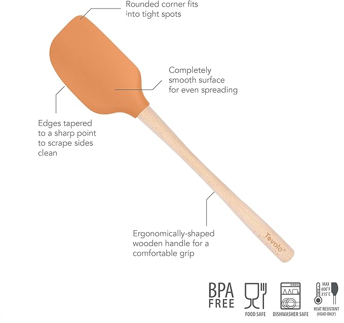 Tovolo Silicone Spatula Wooden Handle for Cooking Baking Mixing, Heat Resistant Food Safe BPA Free Flexible Silicone Baking Spatula with Wood Handles Kitchen Utensils Nonstick Safe, Apricot Orange