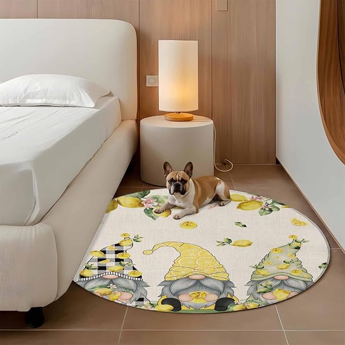 Washable Round Area Rug Summer Gnome with Lemon Circle Rugs Floor Carpet for Living Room Bedroom, Farmhouse Dwarf Fruit on Linen Soft Non Slip Round Rug 4ft