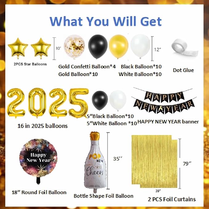 New Years Eve Party Supplies 2025, 69 PCS Kit: Gold & Black Balloons, Banners, Curtains & More for New Year Celebration