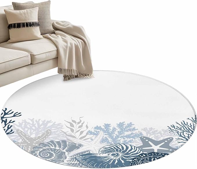 Washable Round Area Rug Underwater Blue Shells Starfish Coral Circle Rugs Floor Carpet for Living Room Bedroom, Summer Botantical Soft Non Slip Round Rug 3ft