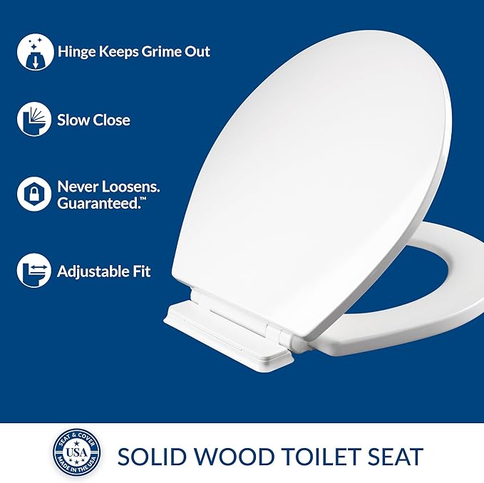 Mayfair Ashton Easy to Clean Single Hinge Toilet Seat, Modern Slow Close Wood Toilet Seat, Made in USA, Round, White